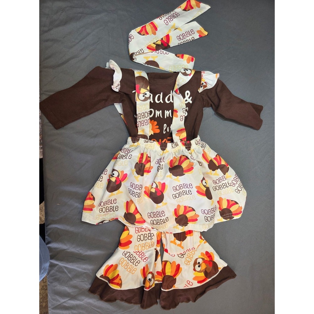 502 Handmade Turkey Thanksgiving Baby Bib & Bloomers Set Gobble Gobble 3m